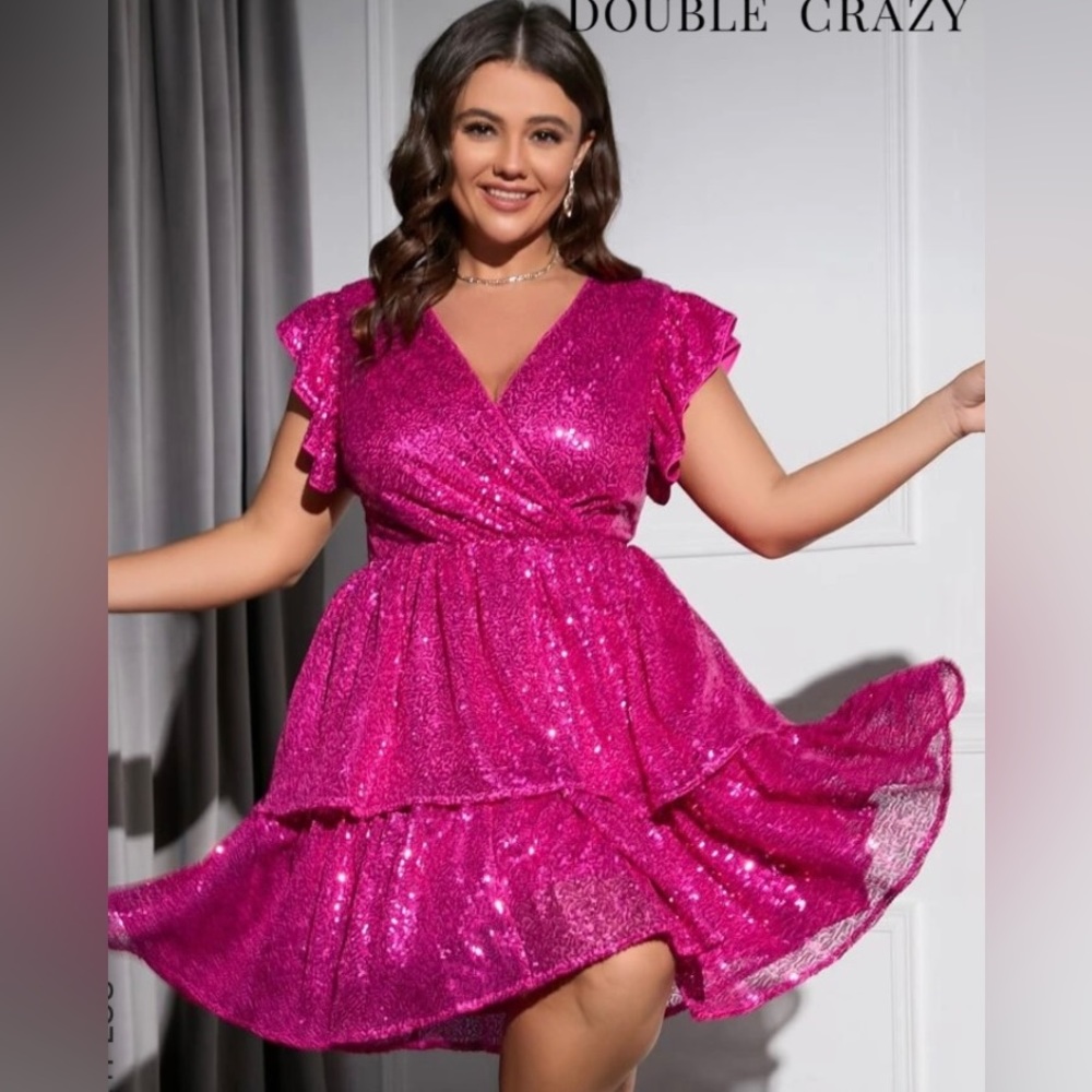 SHEIN- Butterfly Sleeve Layer Hem Sequin Dress Plus Size